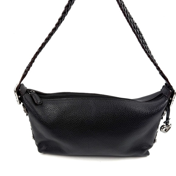 Brighton Handbag Black Brown Leather Shoulder Bag Purse Bag Charm Silver Accent - Picture 3 of 16